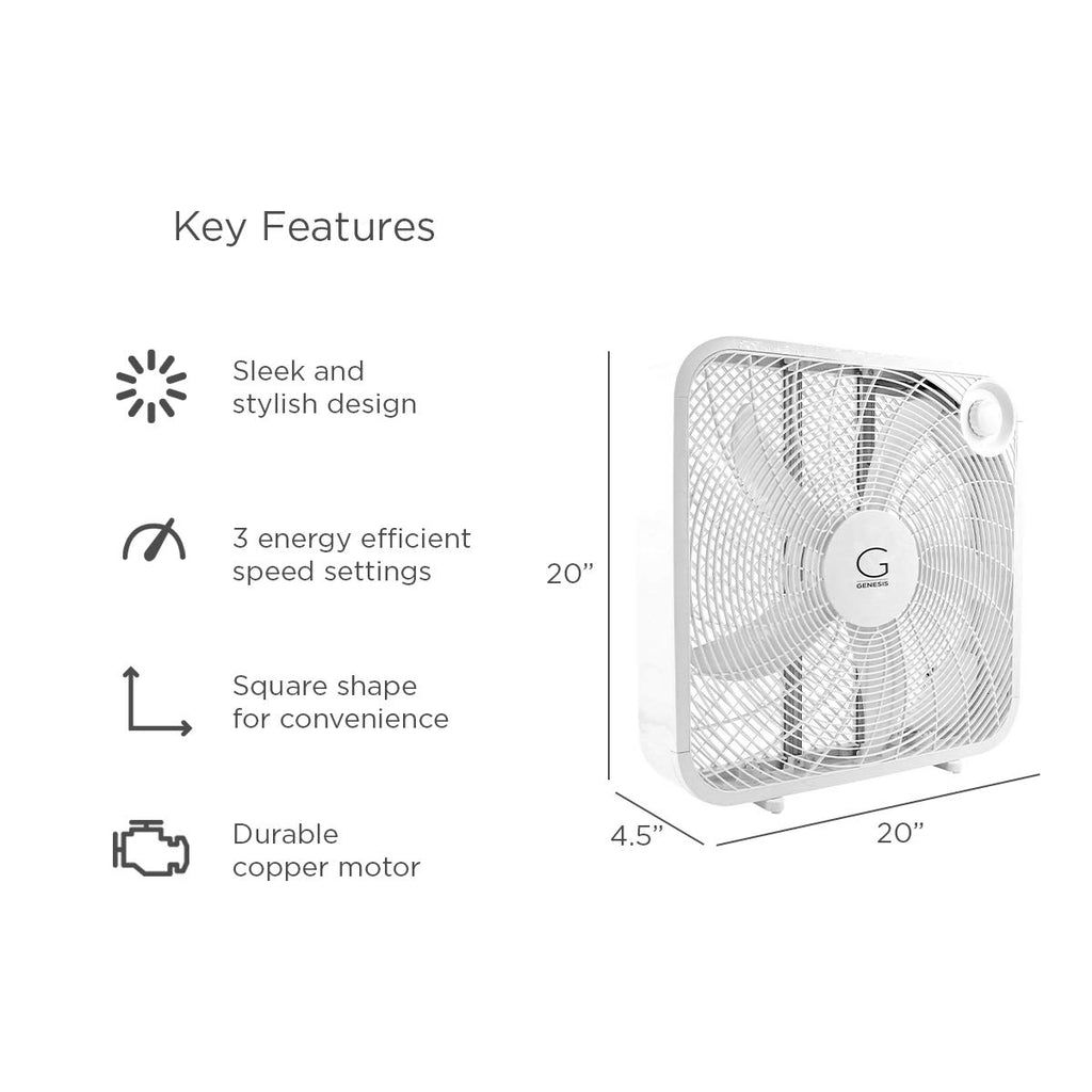 20" Box Fan, 3 Settings, Carry Handle, White Z834249