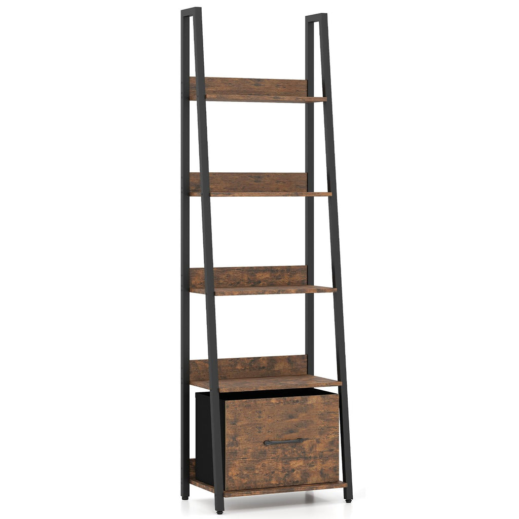 5-Tier Ladder Bookshelf with Fabric Drawer V369647