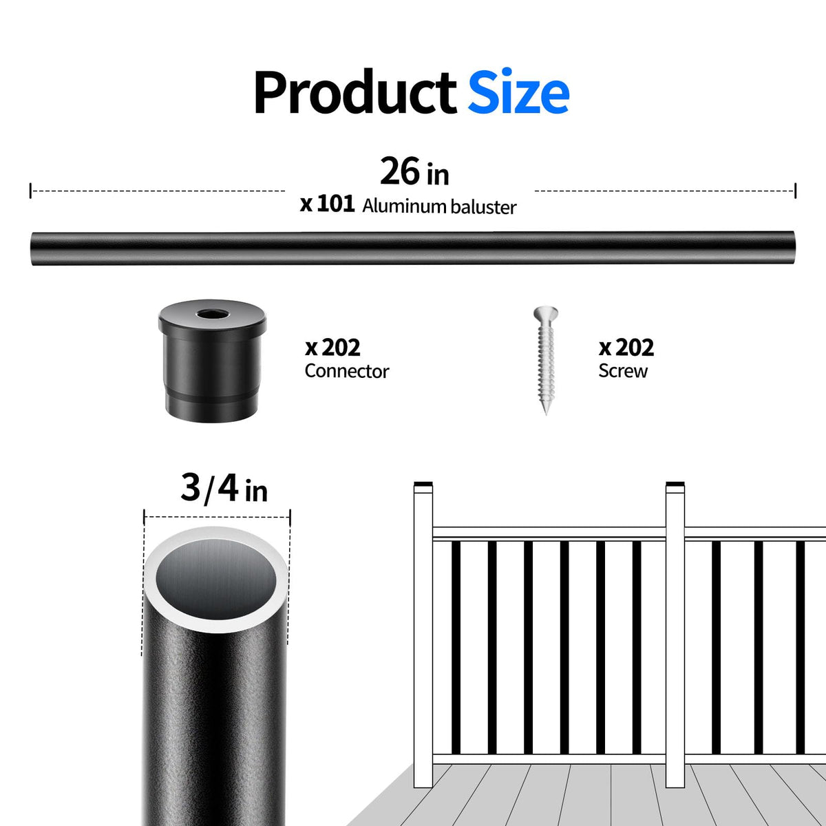 101 Pack 26" x 3/4" Black Round Aluminum Balusters T95114