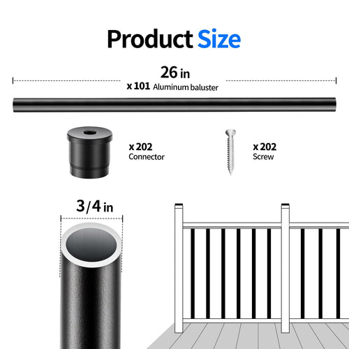 101 Pack 26" x 3/4" Black Round Aluminum Balusters T95114