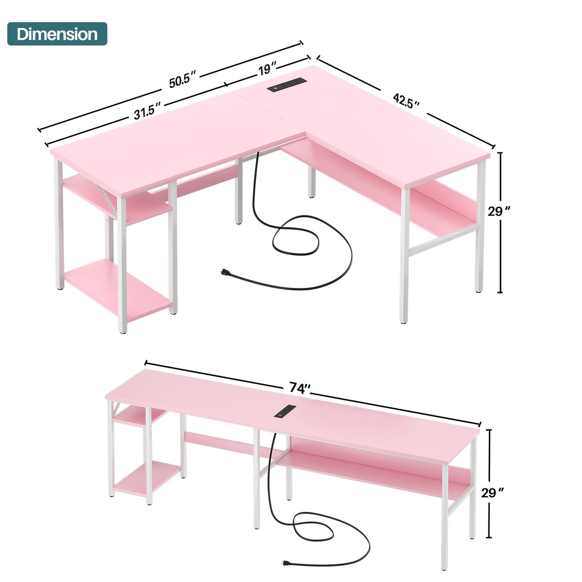 Pink L Shaped Desk with Power Outlets and USB Charging Ports Z535
