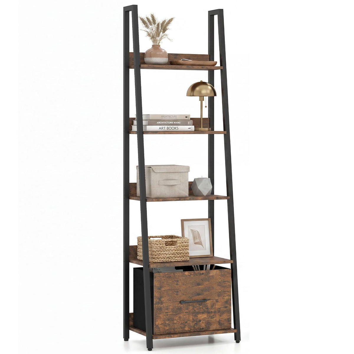 5-Tier Ladder Bookshelf with Fabric Drawer V369647