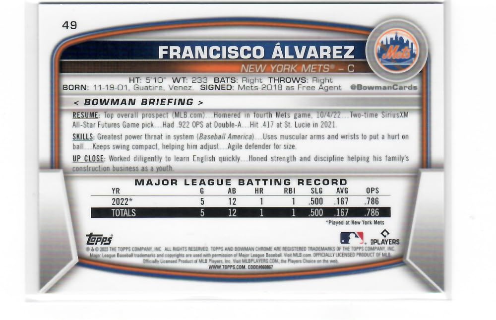 2023 Bowman Chrome Mega Box Mojo Refractor Red #49 Francisco Alvarez RC Baseball Card F665256