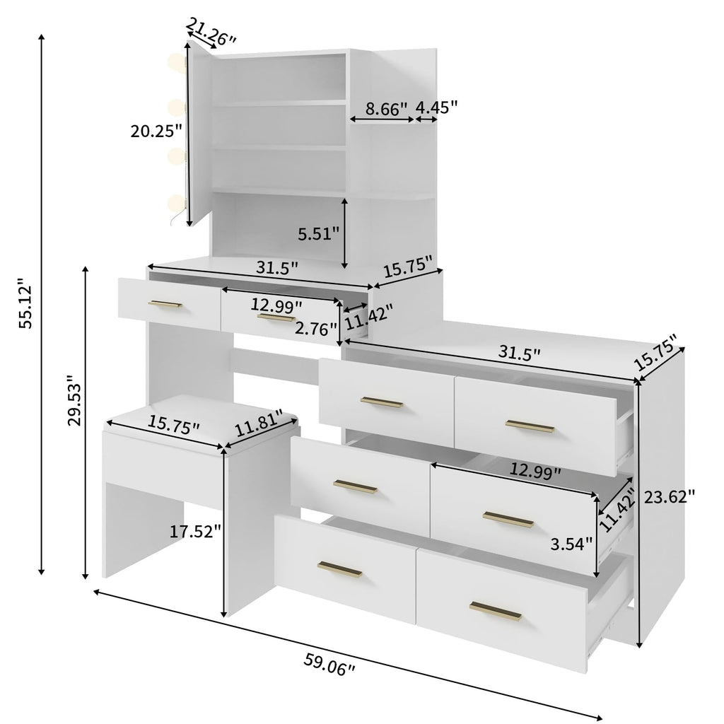 White Makeup Vanity Desk Set with 8 Drawers A976
