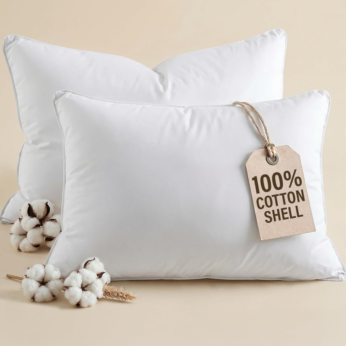 100% Cotton King Size Bed Pillows Set of 2 White F805316