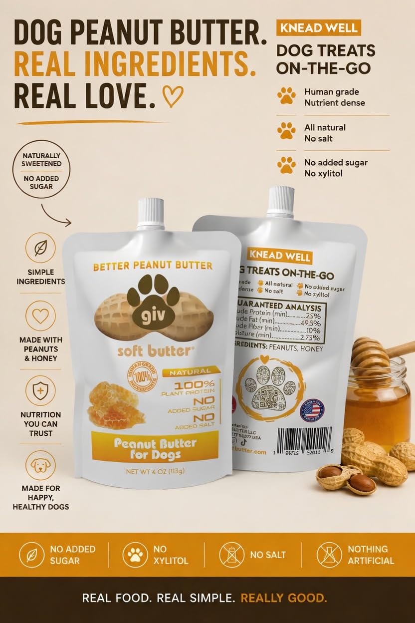 All Natural Peanut Butter for Dogs, 2 Ingredients, 4oz Pouches (6 Count) S6202