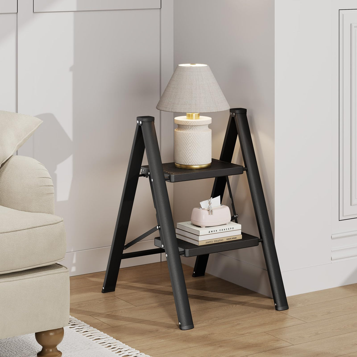 2 Step Folding Ladder with Non-Slip Wide Pedals and Safety Lock, Black G20166