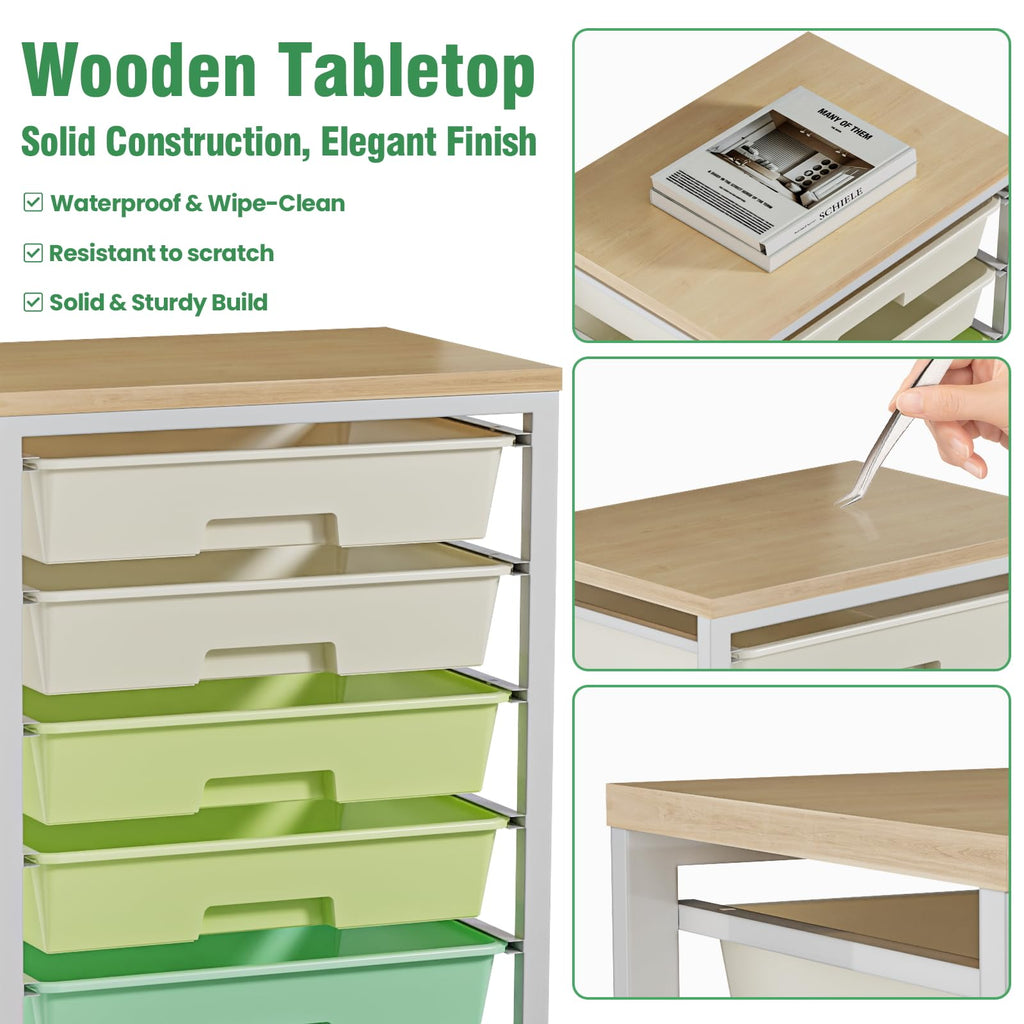 Rolling Storage Cart with 8 Drawers & Wooden Tabletop, Green, White M83885
