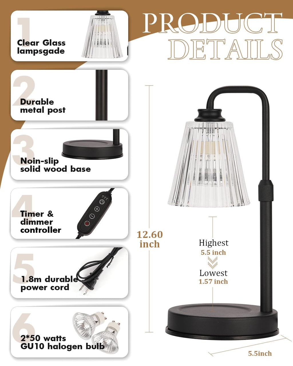 Black Dimmable Candle Warmer Lamp with Timer P8050