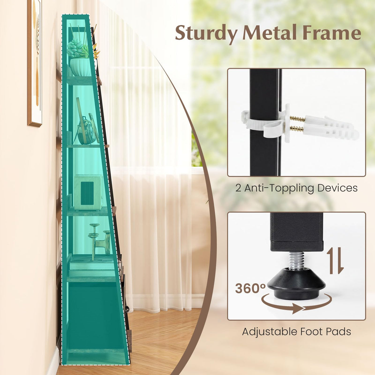 5-Tier Ladder Bookshelf with Fabric Drawer V369647