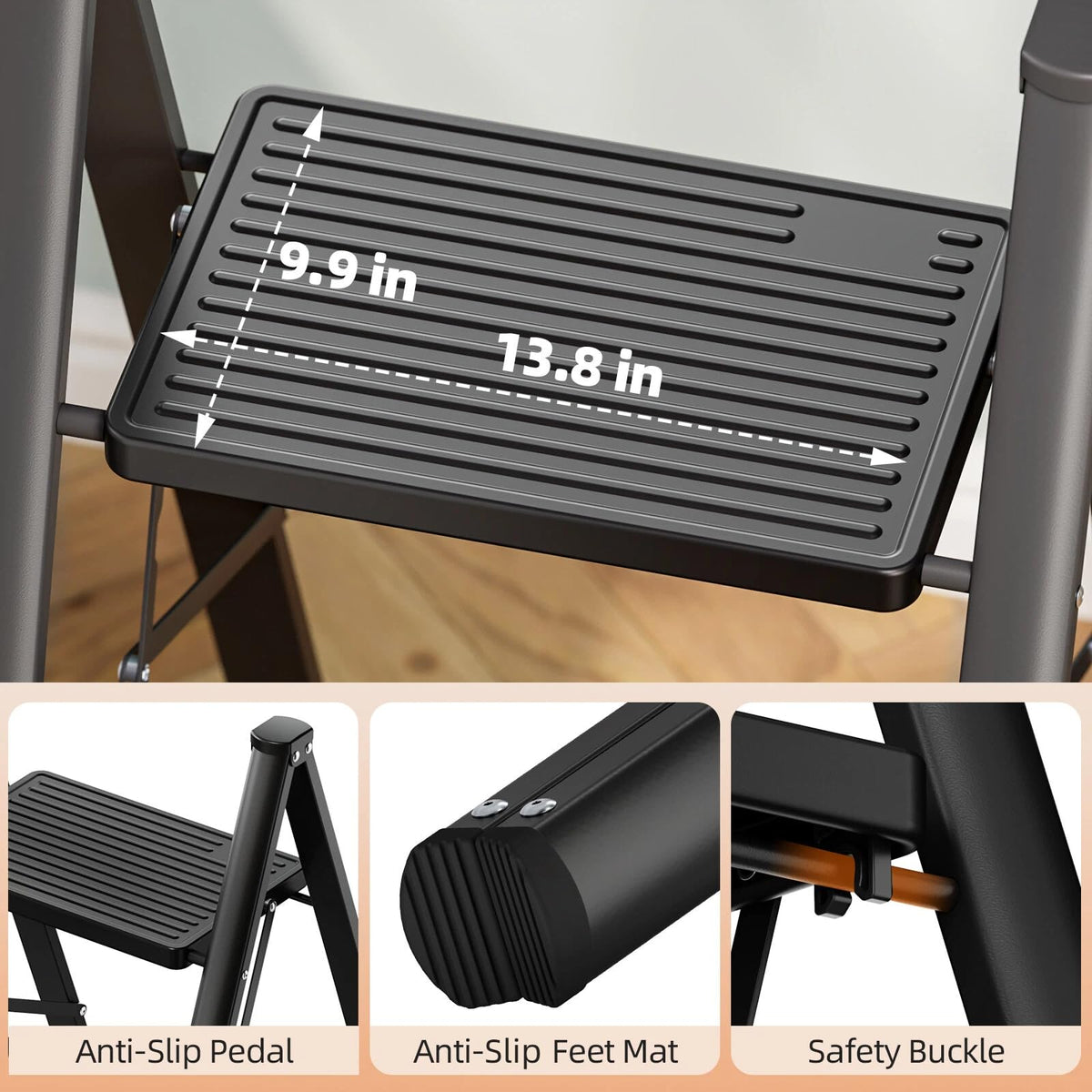 2 Step Folding Ladder with Non-Slip Wide Pedals and Safety Lock, Black G20166