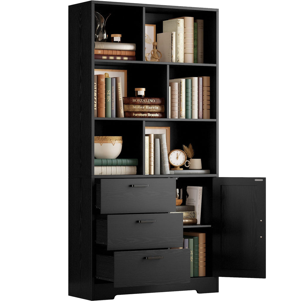 70.9-Inch Black Bookcase with Doors and 3 Drawers N7823