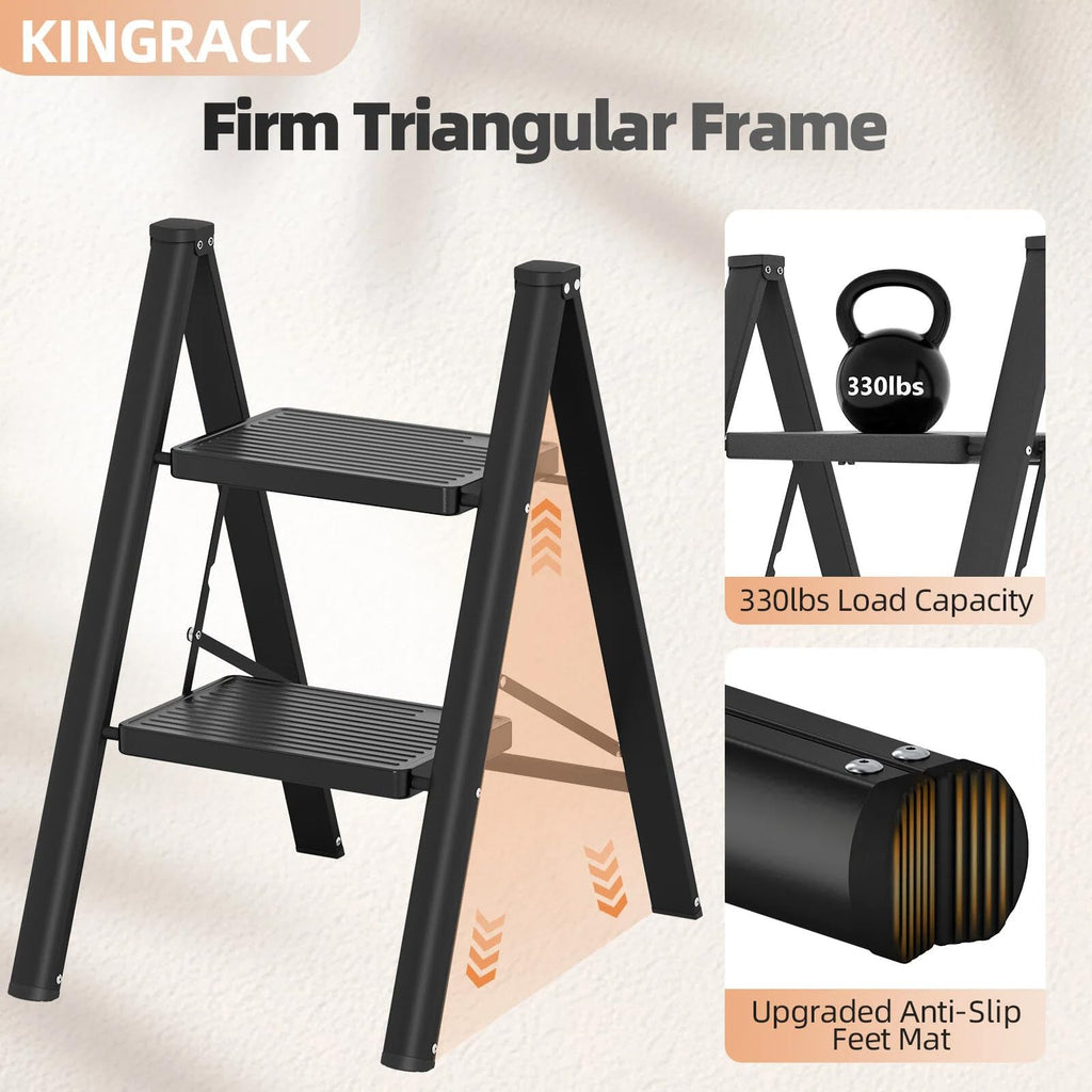 2 Step Folding Ladder with Non-Slip Wide Pedals and Safety Lock, Black G20166