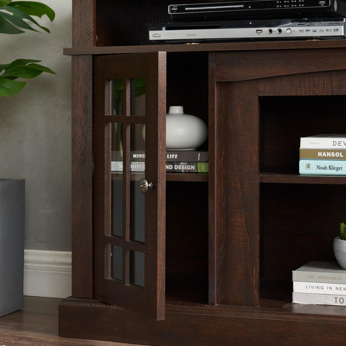 Espresso TV Stand with Glass Door and Open Shelves K399947