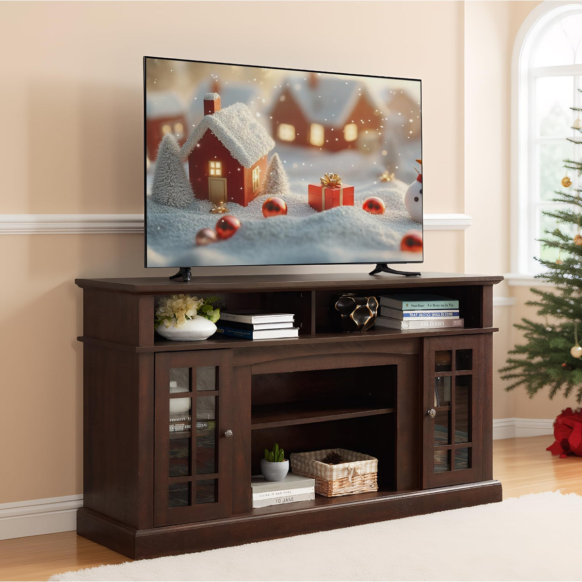 Espresso TV Stand with Glass Door and Open Shelves K399947