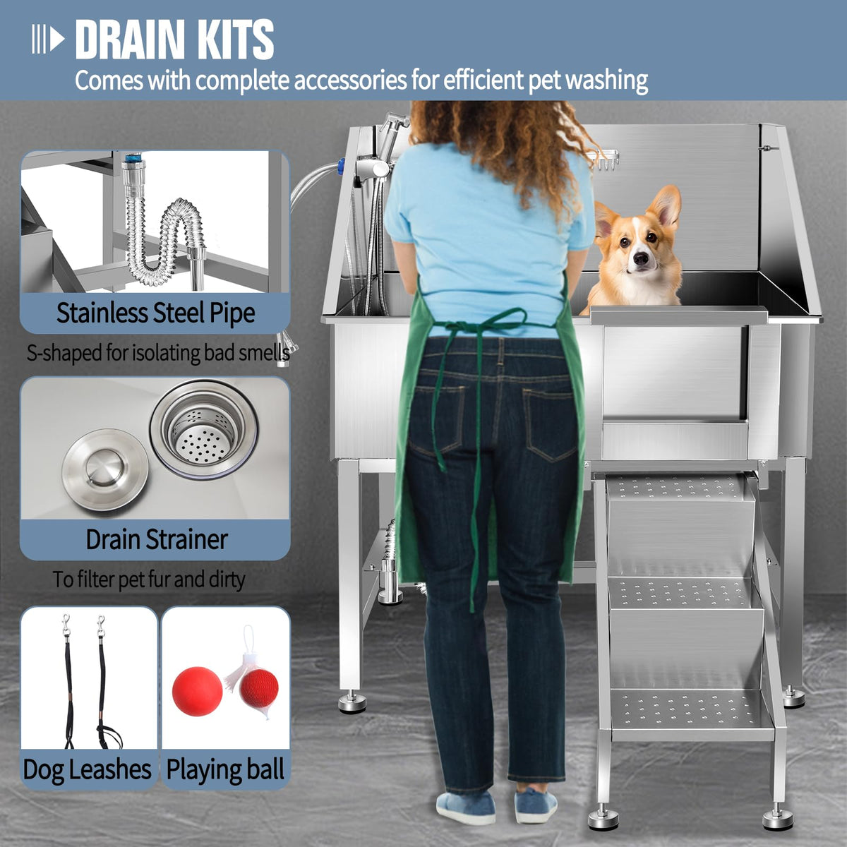 38" Stainless Steel Dog Grooming Tub with Stairs C5070