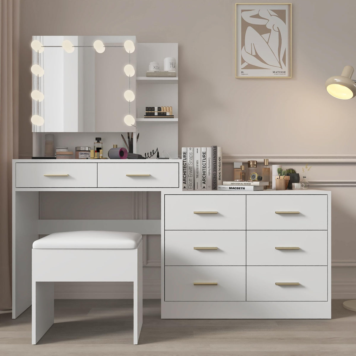 White Makeup Vanity Desk Set with 8 Drawers A976