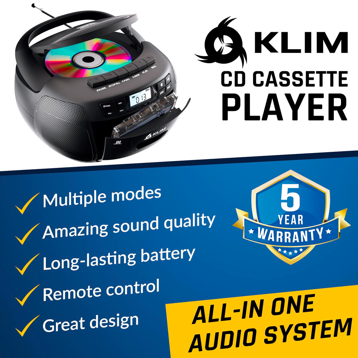 CD Cassette Player with Bluetooth AM FM Radio USB Drive K269470