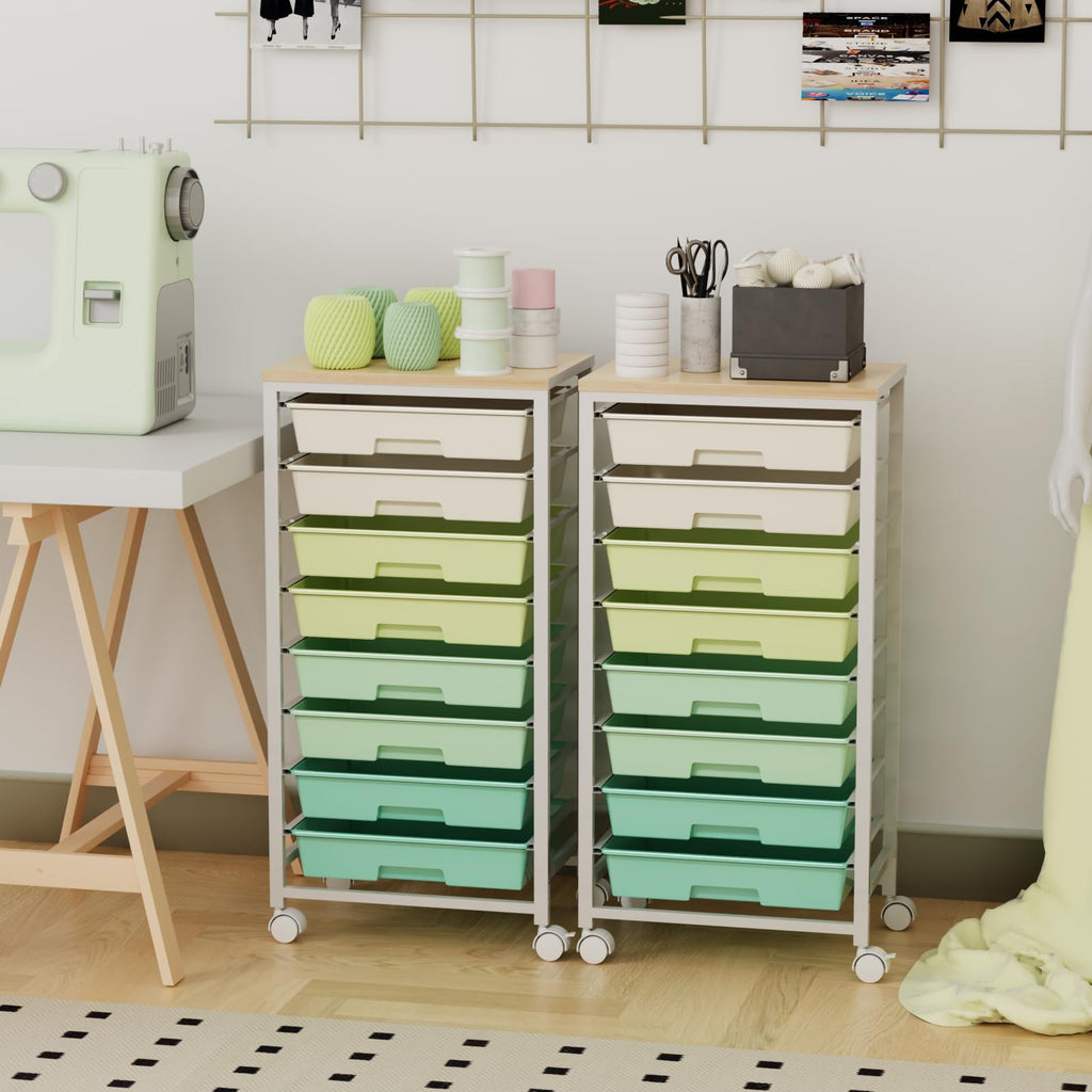 Rolling Storage Cart with 8 Drawers & Wooden Tabletop, Green, White M83885