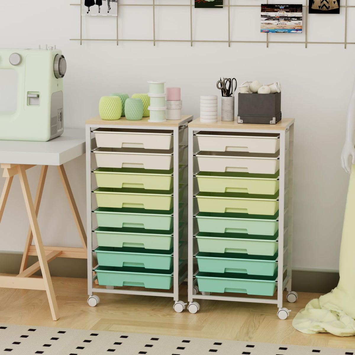 Rolling Storage Cart with 8 Drawers & Wooden Tabletop, Green, White M83885