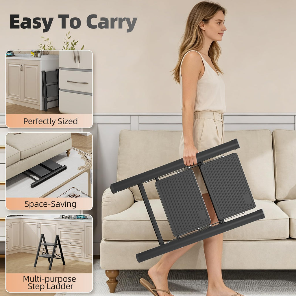 2 Step Folding Ladder with Non-Slip Wide Pedals and Safety Lock, Black G20166