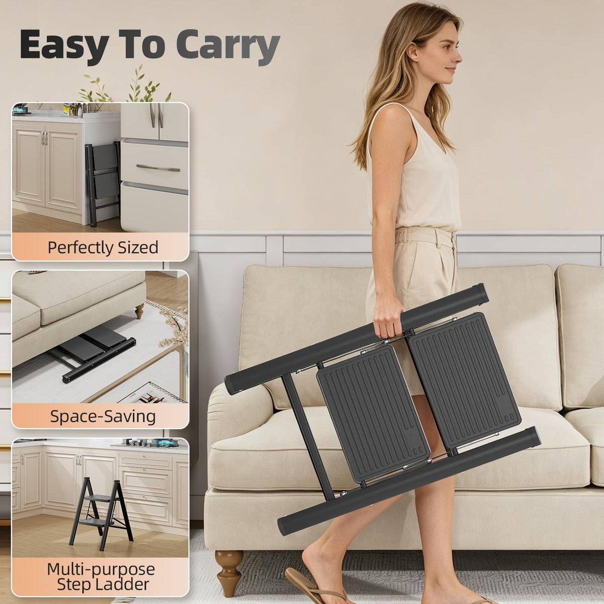 2 Step Folding Ladder with Non-Slip Wide Pedals and Safety Lock, Black G20166