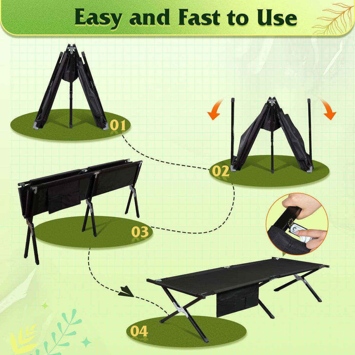 Folding Camping Cot with Carry Bag, 300 lb, Black Y9796