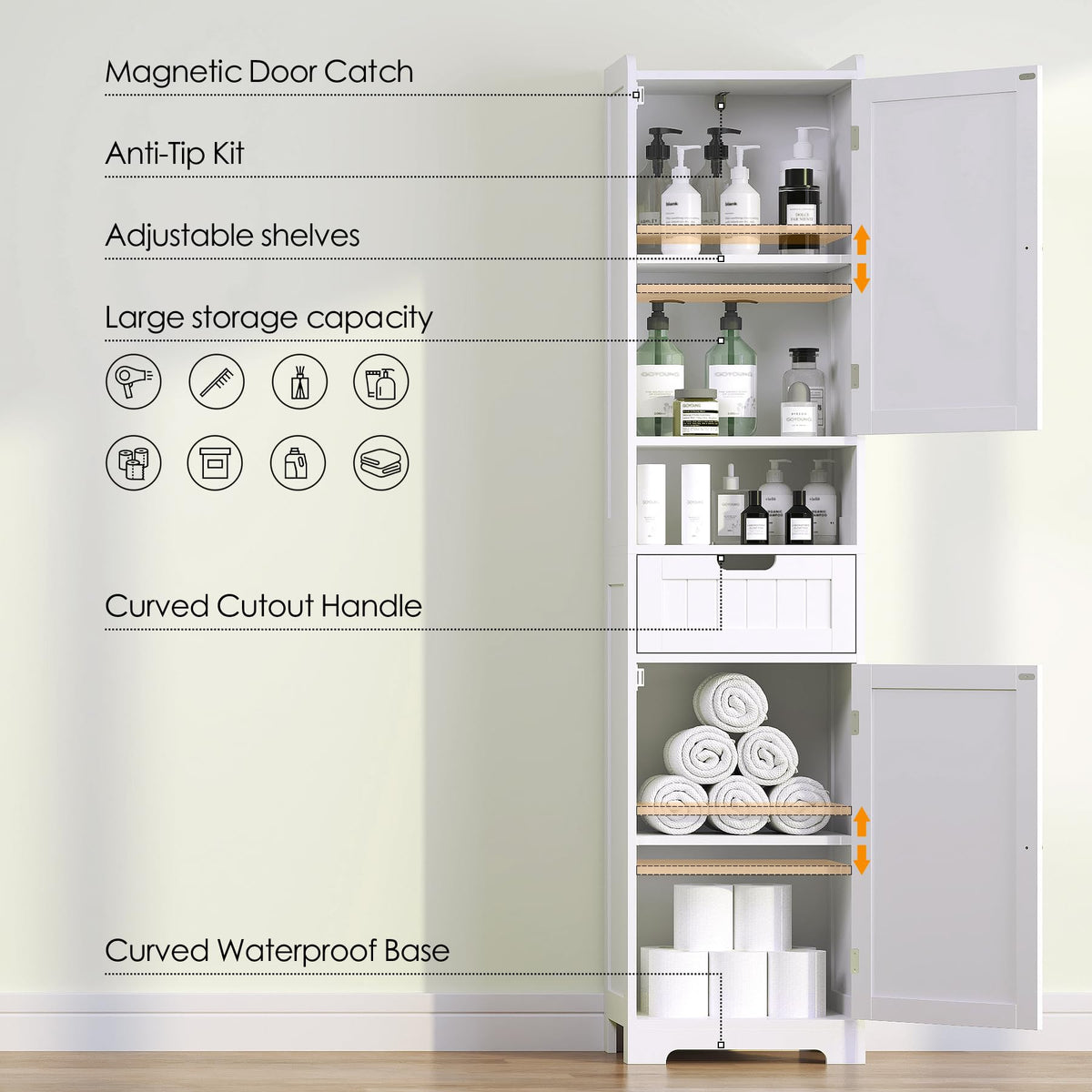 67" H Tall White Bathroom Storage Cabinet W3901