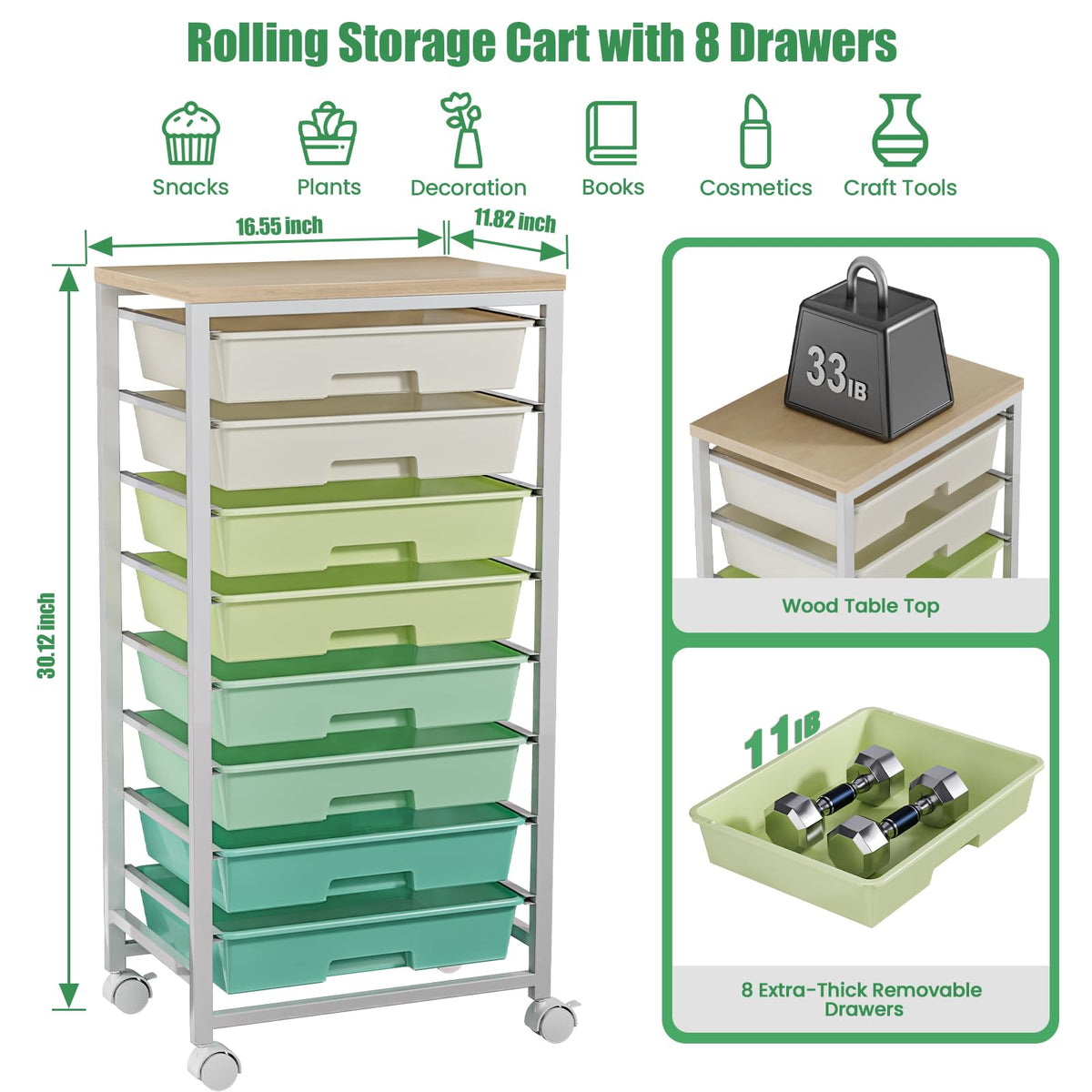 Rolling Storage Cart with 8 Drawers & Wooden Tabletop, Green, White M83885