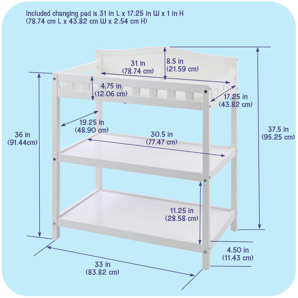 White Baby Changing Table with Pad & Storage Shelves C3740