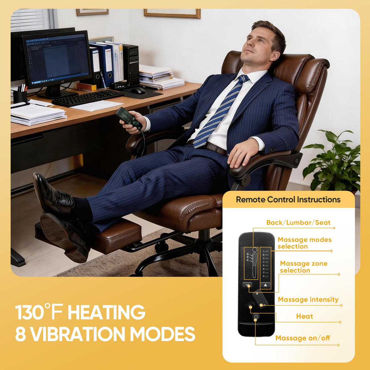 Brown Heated Massage Reclining Leather Office Chair with Foot Rest Z535