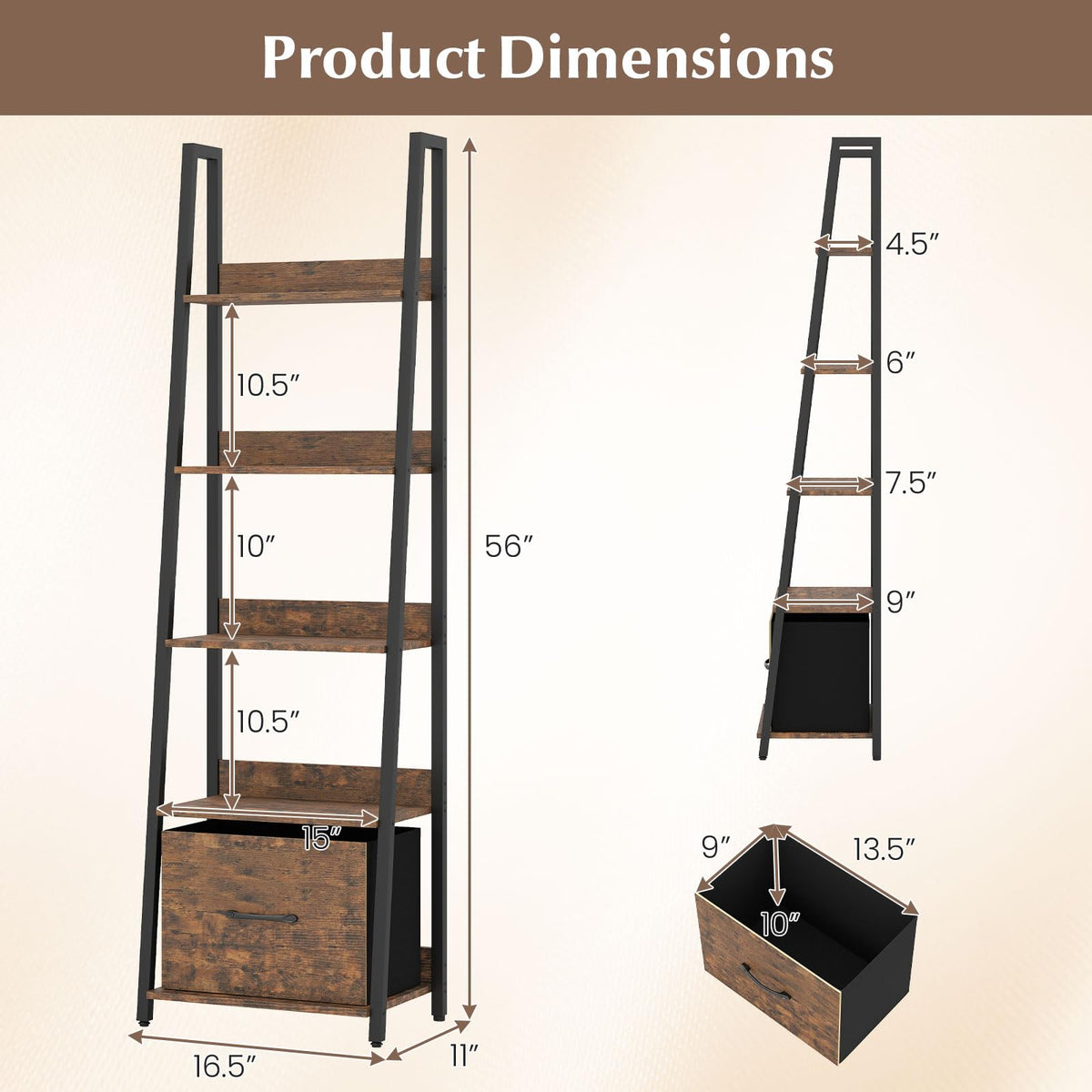 5-Tier Ladder Bookshelf with Fabric Drawer V369647