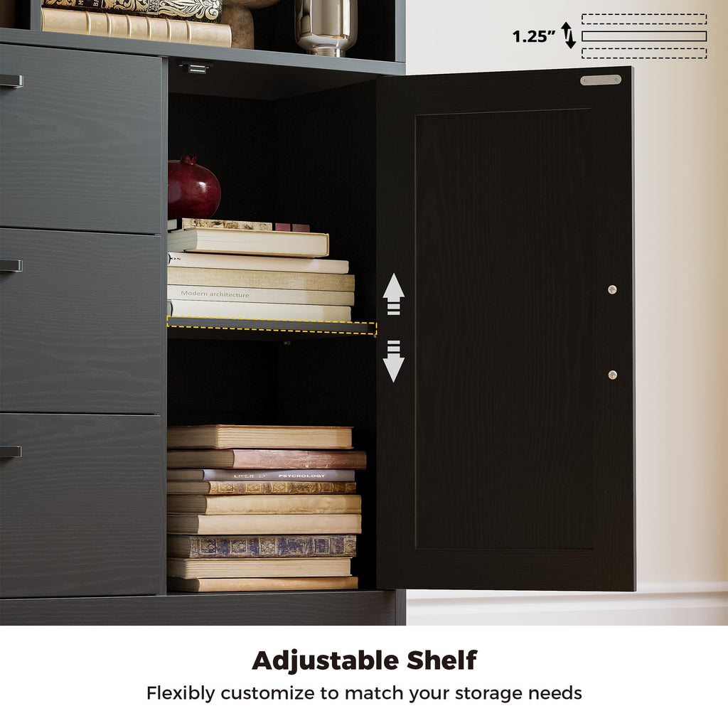 70.9-Inch Black Bookcase with Doors and 3 Drawers N7823