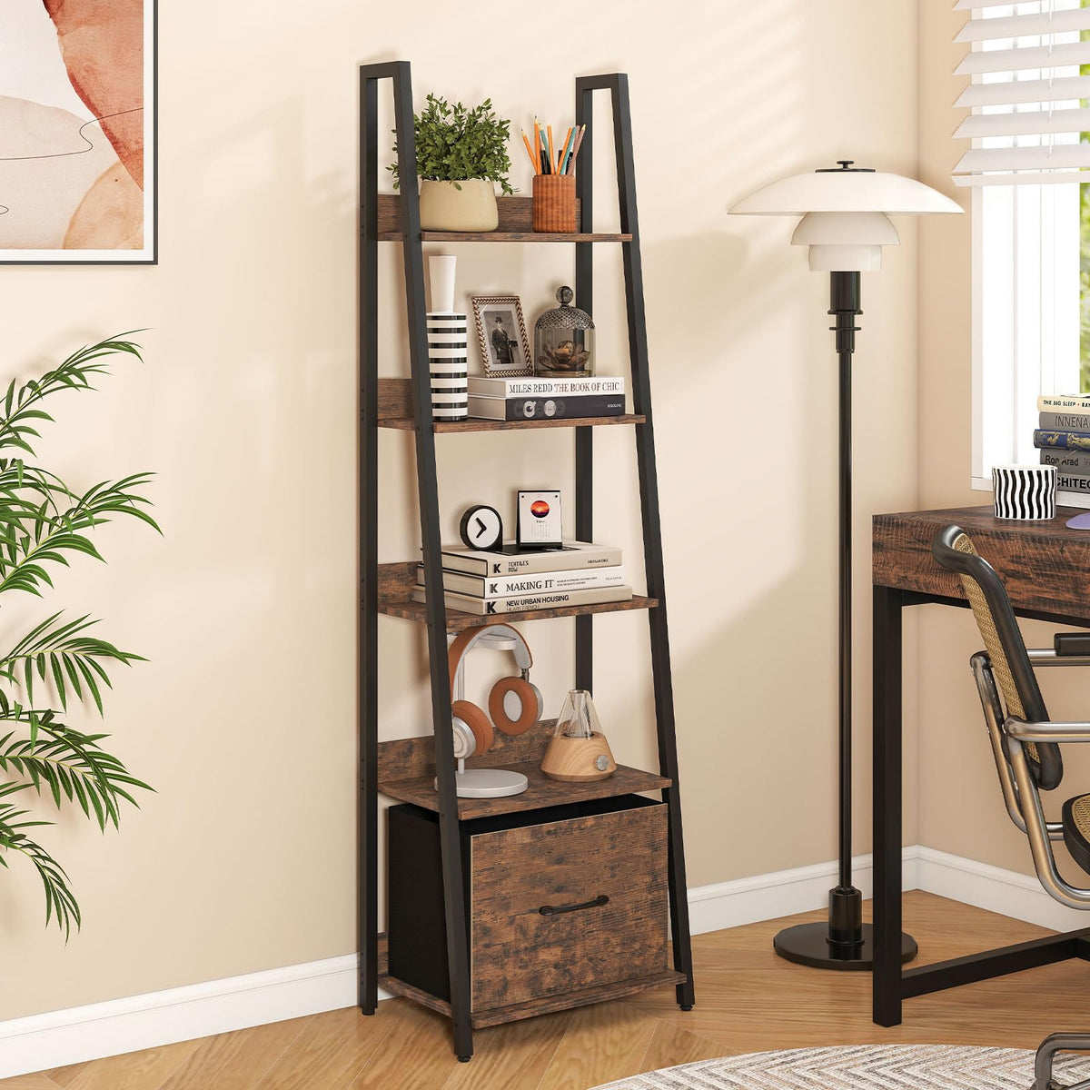 5-Tier Ladder Bookshelf with Fabric Drawer V369647