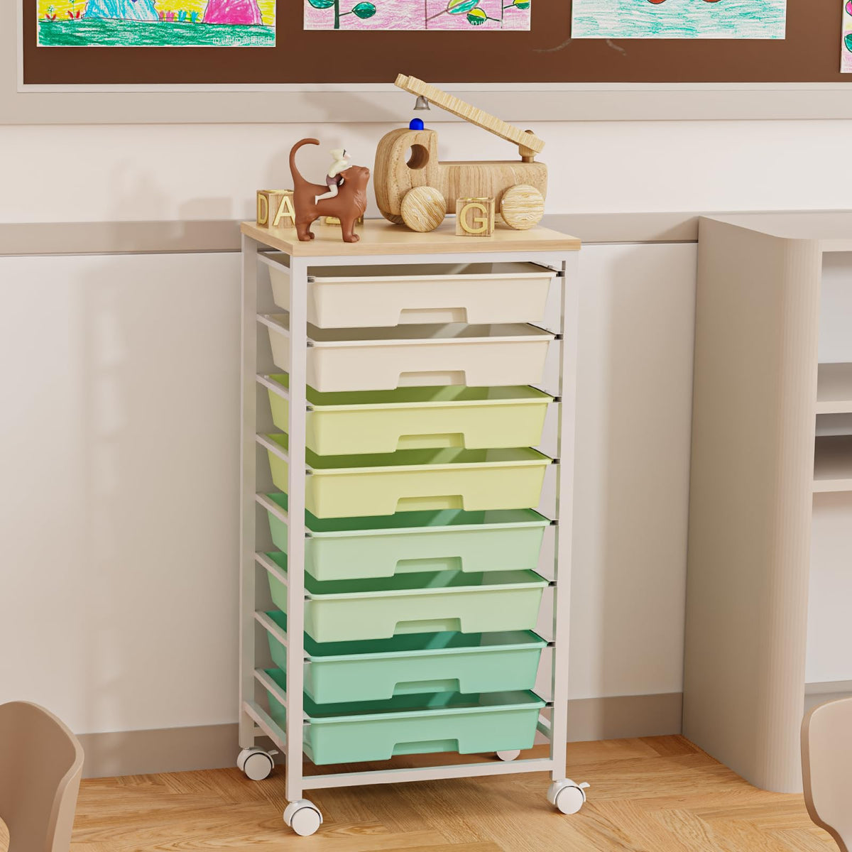 Rolling Storage Cart with 8 Drawers & Wooden Tabletop, Green, White M83885