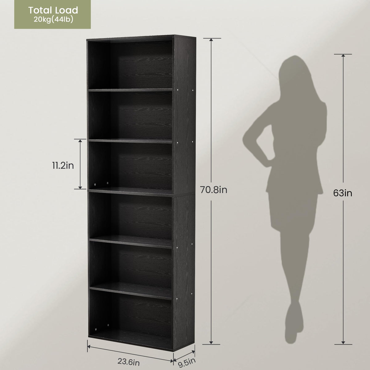 71" Tall 6-Tier Black Bookshelf V428