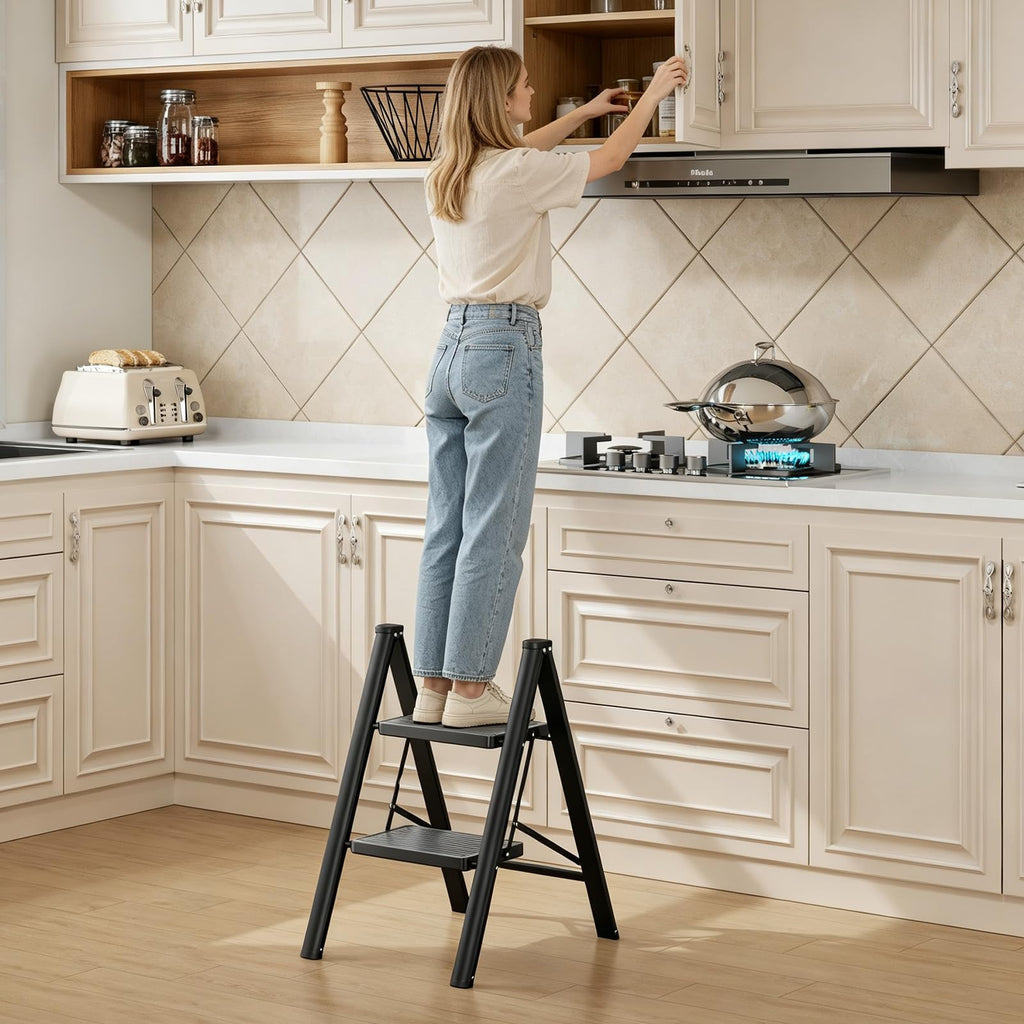 2 Step Folding Ladder with Non-Slip Wide Pedals and Safety Lock, Black G20166