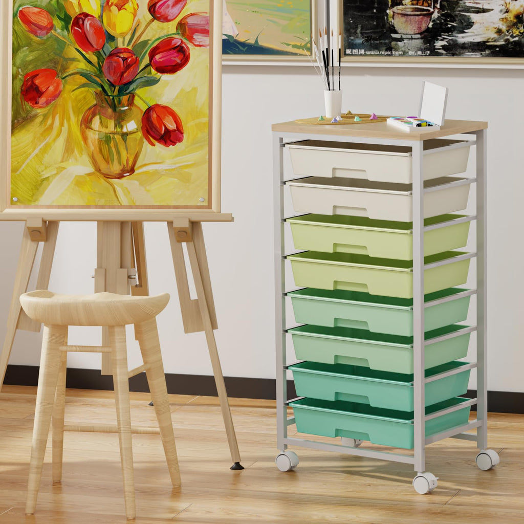 Rolling Storage Cart with 8 Drawers & Wooden Tabletop, Green, White M83885