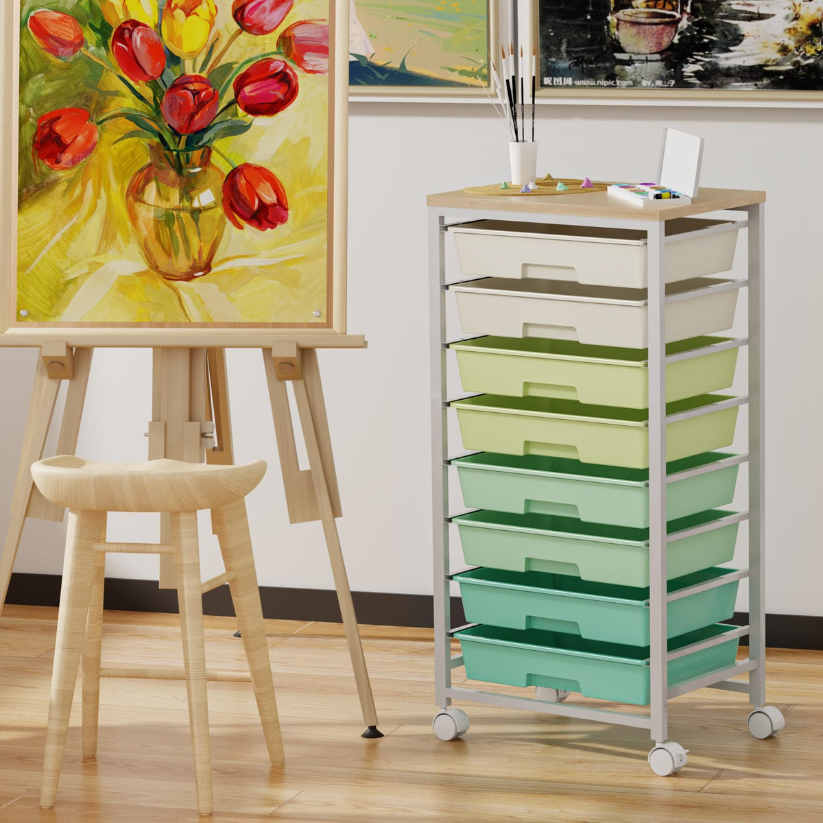 Rolling Storage Cart with 8 Drawers & Wooden Tabletop, Green, White M83885
