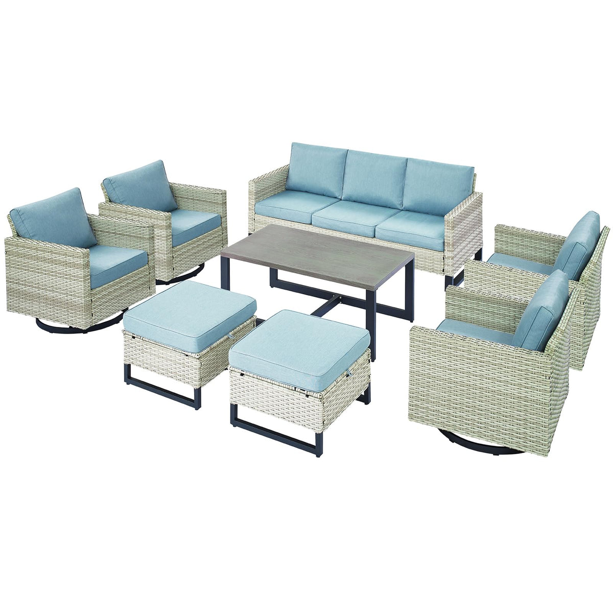 8 Piece Wicker Patio Conversation Set with Swivel Rocker Chairs C4844