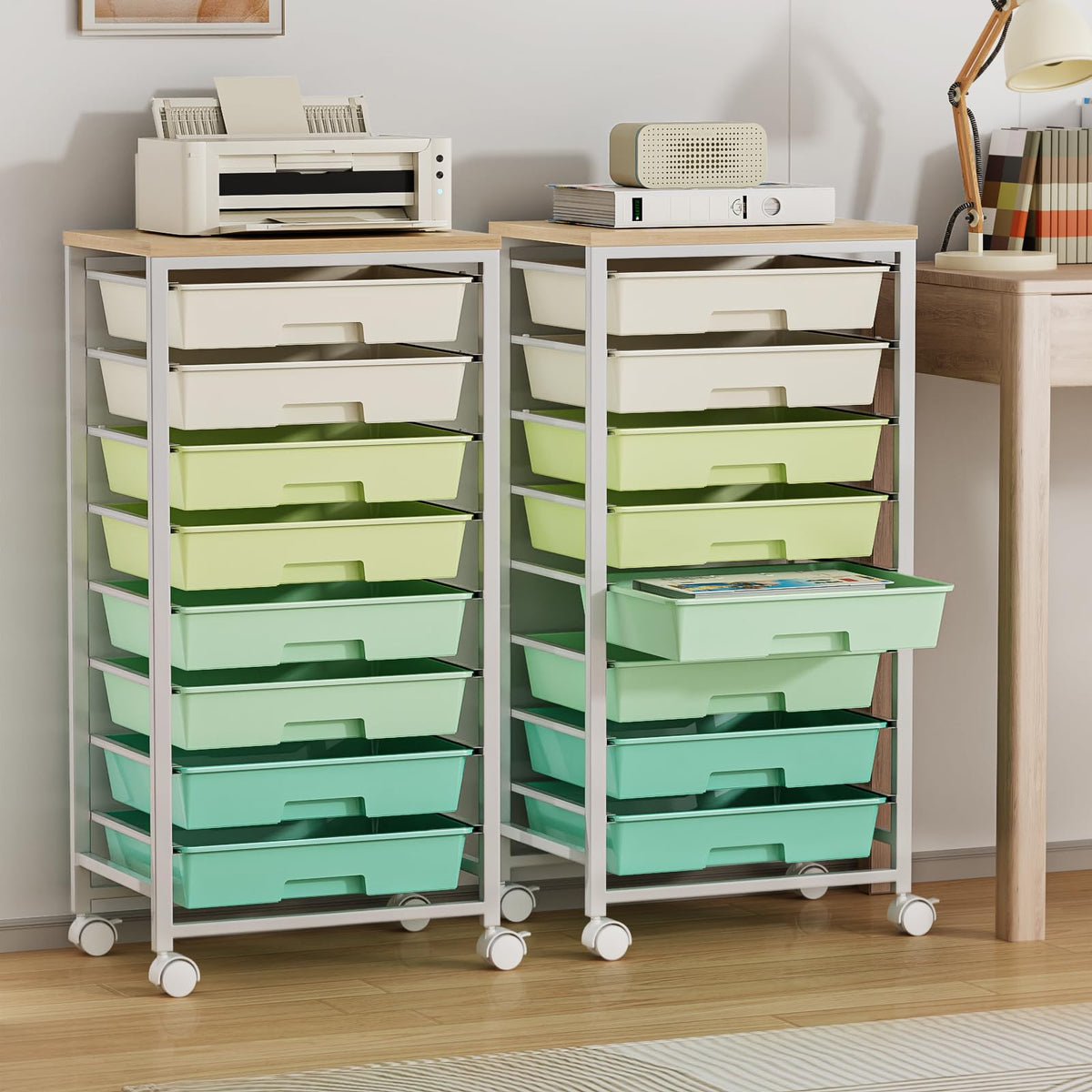 Rolling Storage Cart with 8 Drawers & Wooden Tabletop, Green, White M83885