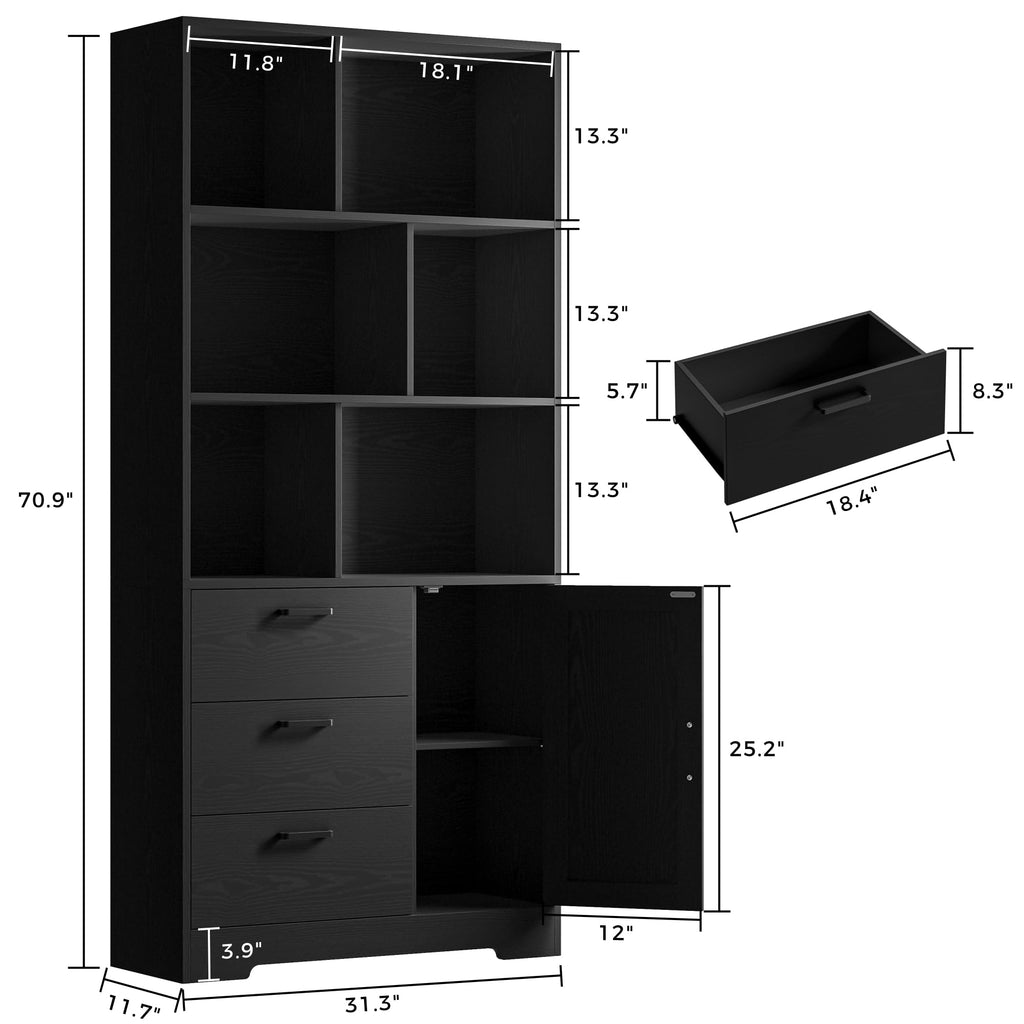 70.9-Inch Black Bookcase with Doors and 3 Drawers N7823