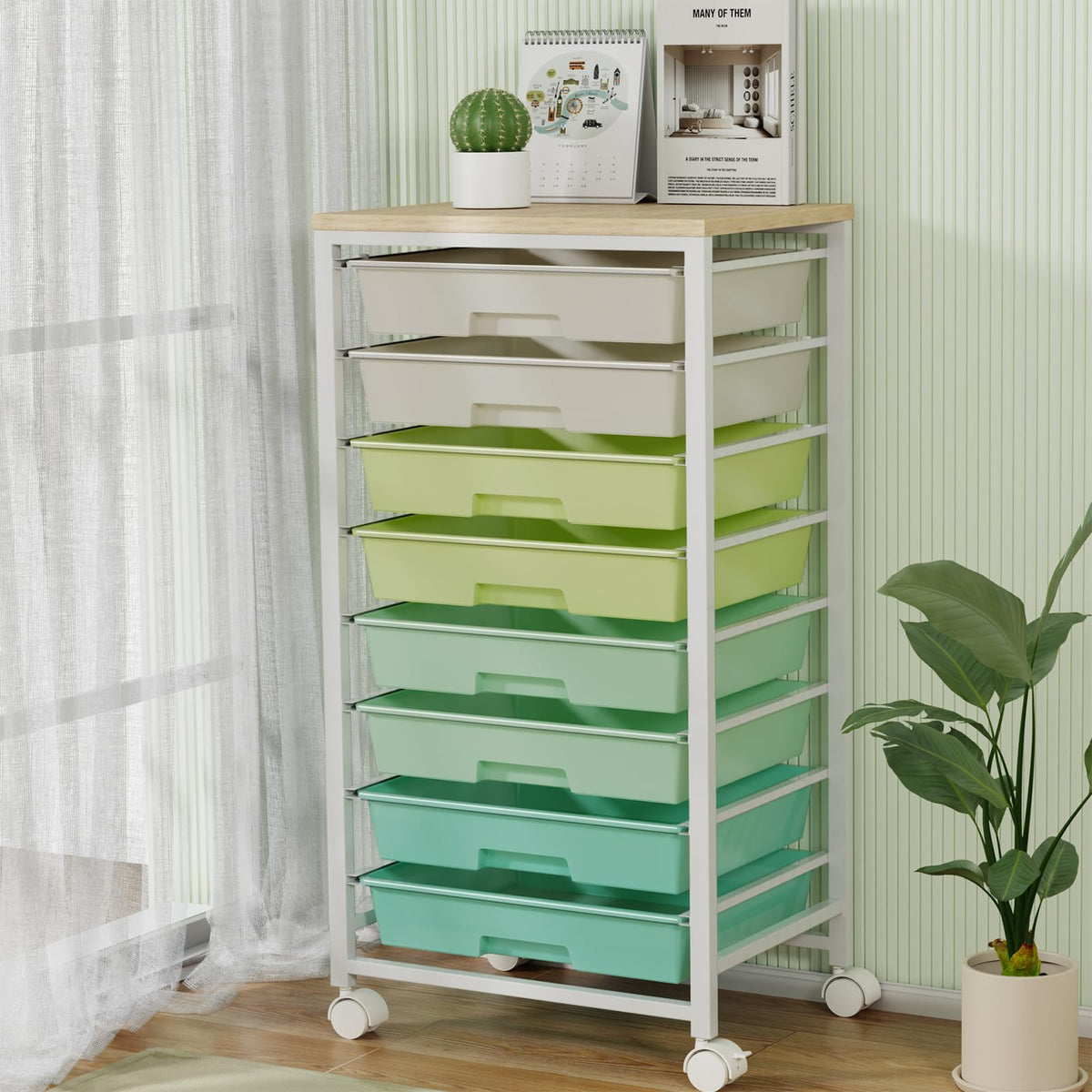 Rolling Storage Cart with 8 Drawers & Wooden Tabletop, Green, White M83885