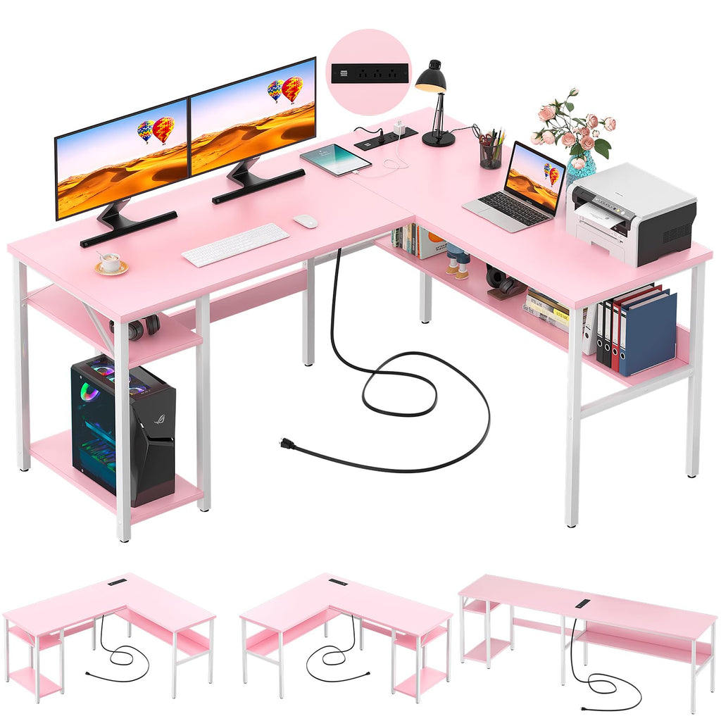 Pink L Shaped Desk with Power Outlets and USB Charging Ports Z535