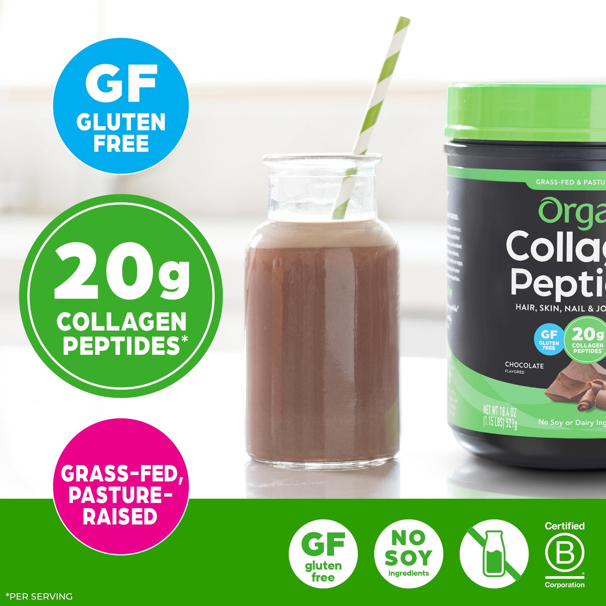 Hydrolyzed Collagen Peptides Powder, Chocolate, 1lb U92480
