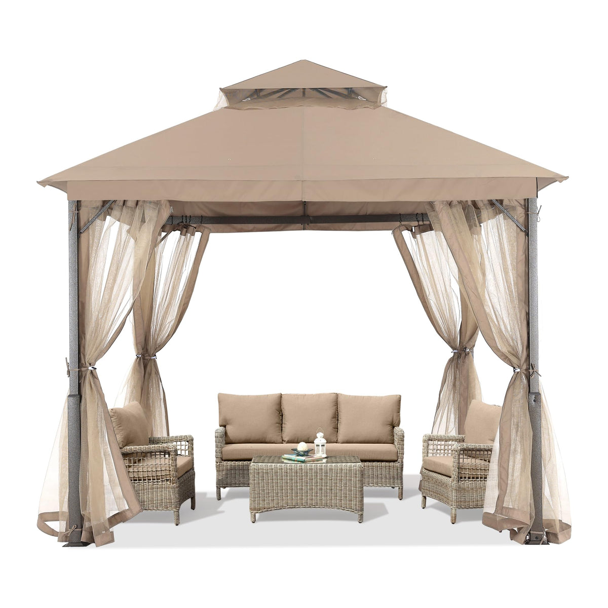Khaki 9x9 Outdoor Patio Gazebo with Mosquito Netting X864