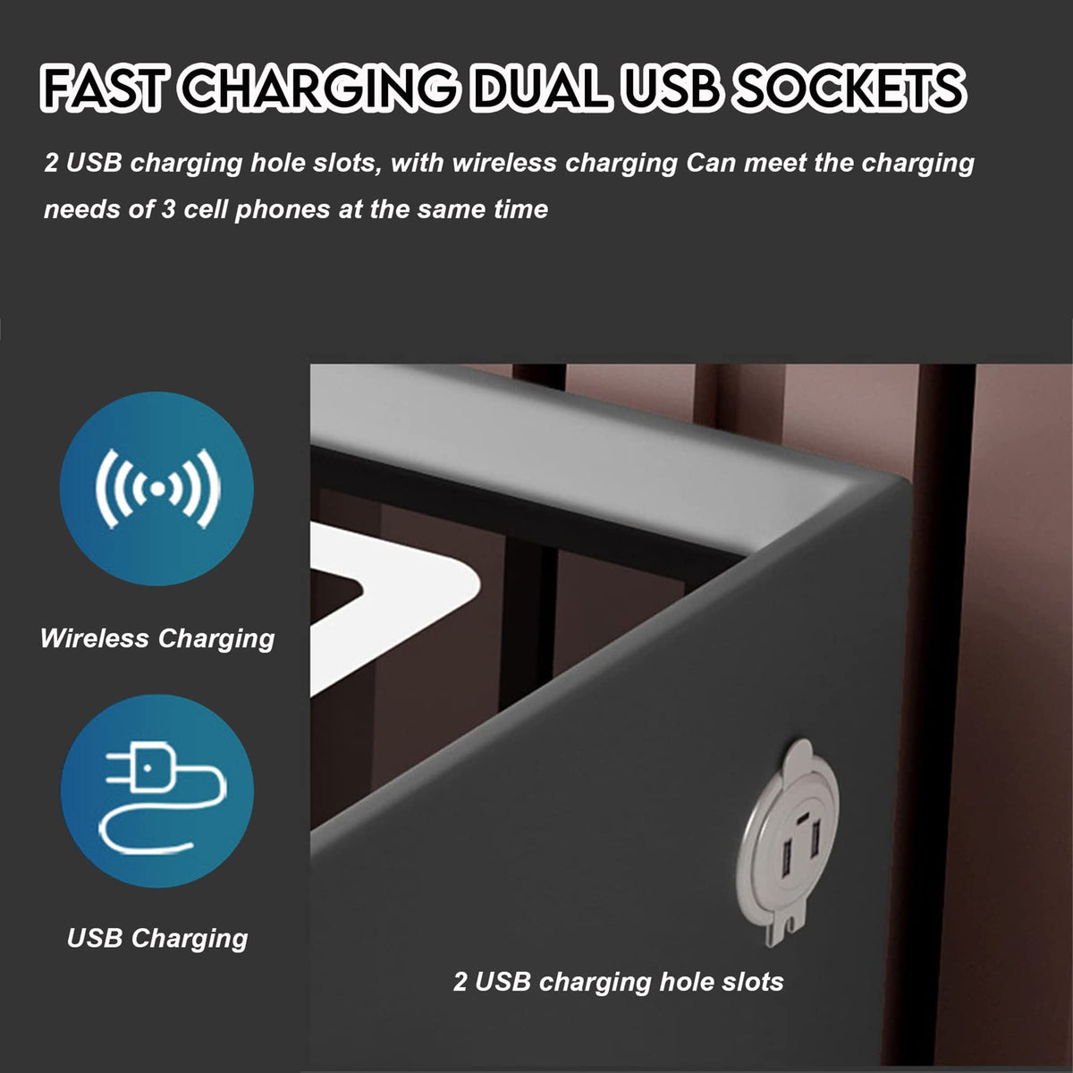 White 3 Drawer Bed End Table with Wireless Charging G86456