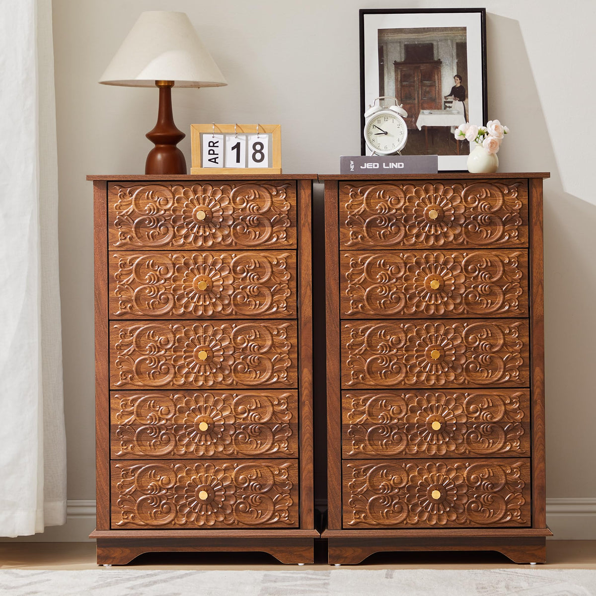 5 Drawer Narrow Wooden Dresser with Gold Handles H369719