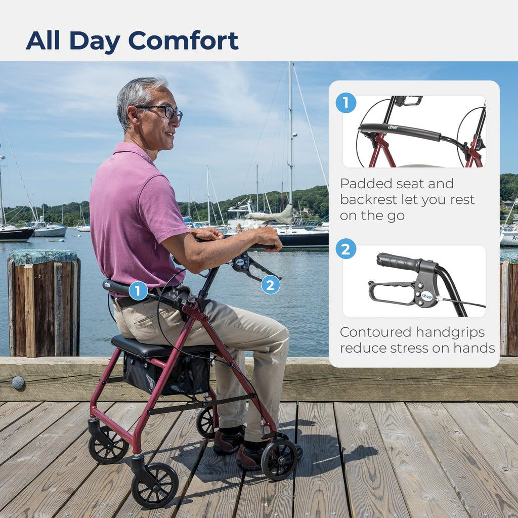 Red Aluminum Rollator Walker with Padded Seat and 6" Wheels Q689
