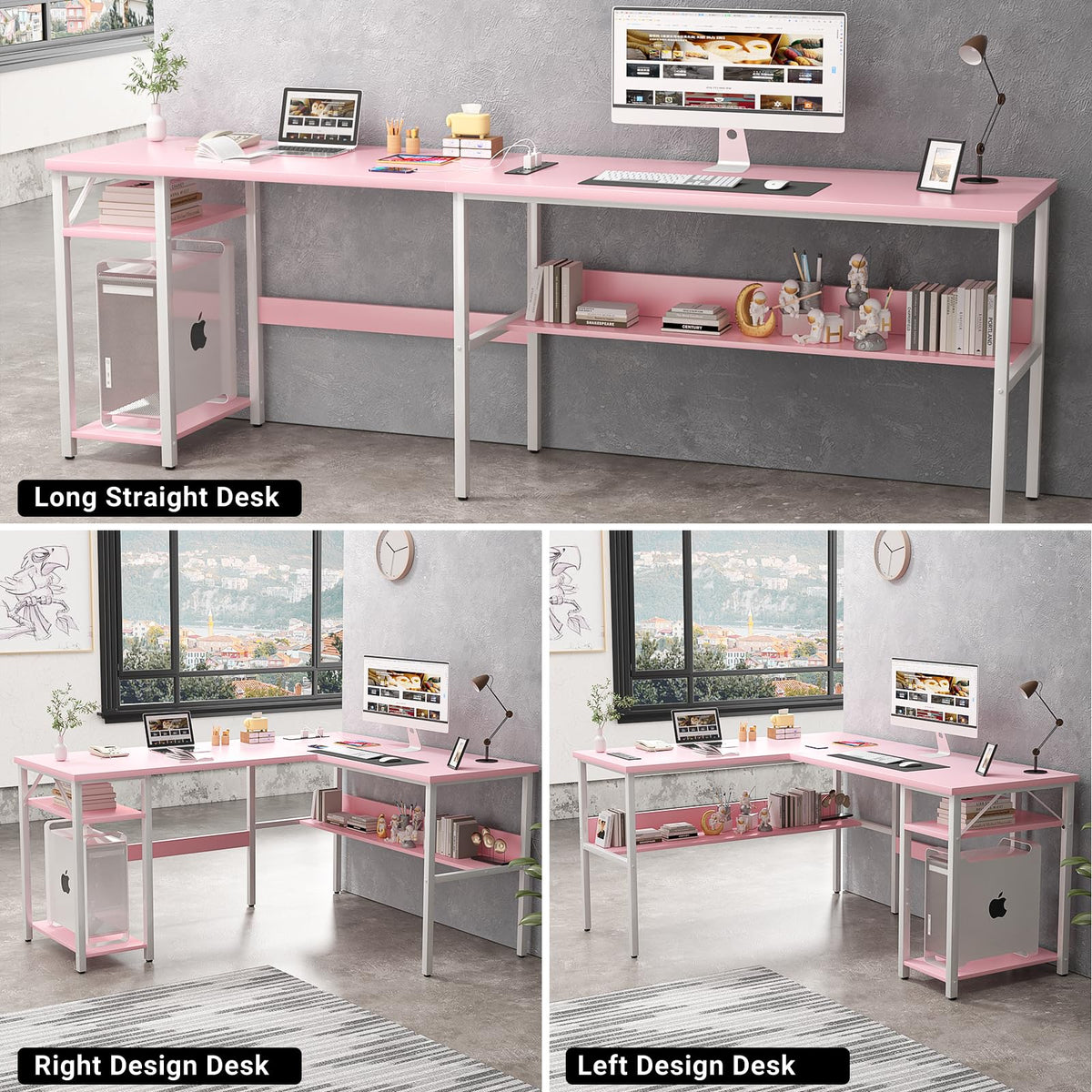 Pink L Shaped Desk with Power Outlets and USB Charging Ports Z535